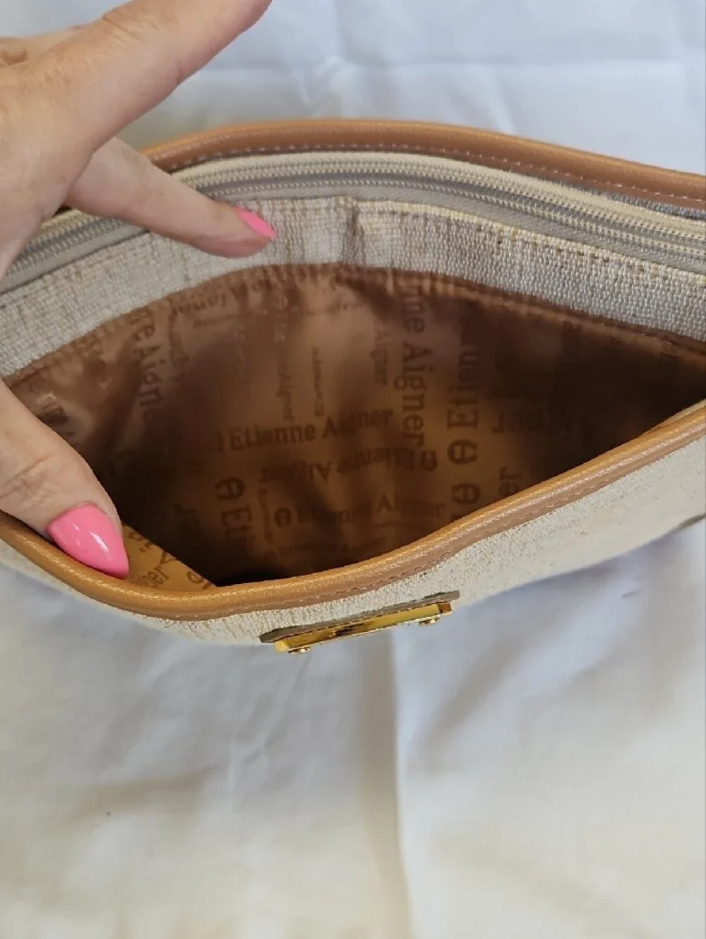 Etienne Aigner Beige Canvas Shoulder Bag with Tan Trim